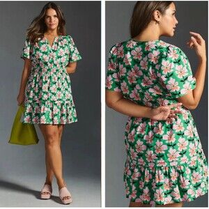 Anthropologie The Somerset Mini Dress Tiered Smocked Waist Green & Pink Sz L